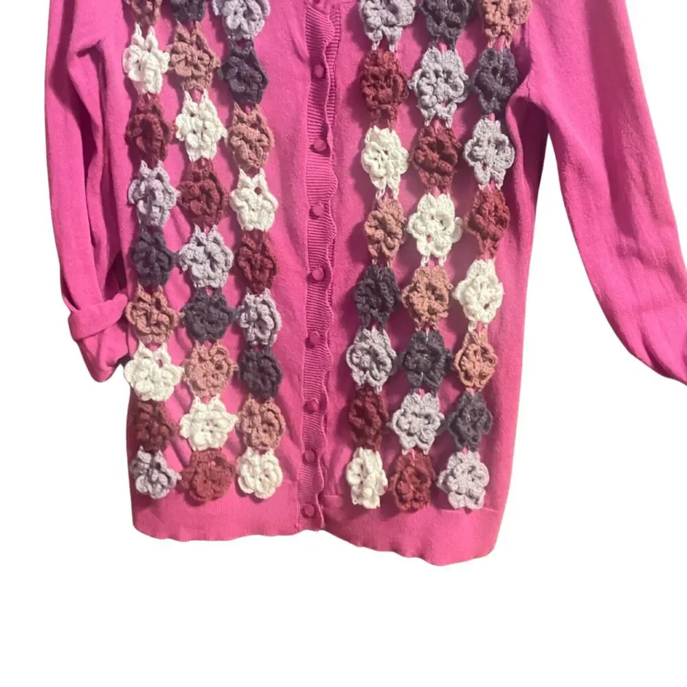 Upcycled  Pink Cardigan Crochet Floral Applique Medium - Picture 6 of 9